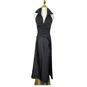 Tadashi Shoji Black Halter Gown Ruched Bodice, Dramatic Collar, Size 4